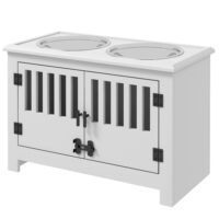 Weiße Futterstation mit 2L Edelstahlschale für große Hunde.