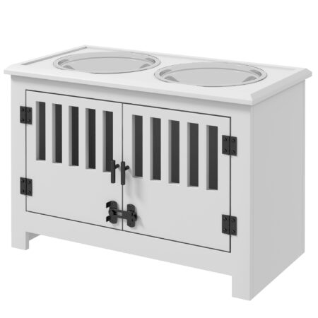 Weiße Futterstation mit 2L Edelstahlschale für große Hunde.