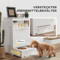 Futterstation mit Aufbewahrung und Futterschüsseln für Haustiere weiss