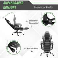 Gaming Sessel ergonomisch mit Kopfstütze & Fussstützen Schwarz – Produktfoto zeigt modernes Design, hochwertige Materialien und funktionale Eigenschaften ideal für Wohn- oder Arbeitsbereiche. Perfekt als Einrichtungsinspiration oder zur Produktpräsentation in einem Onlineshop.