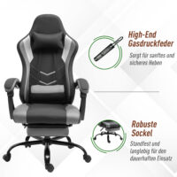 Gaming Sessel ergonomisch mit Kopfstütze & Fussstützen Schwarz – Produktfoto zeigt modernes Design, hochwertige Materialien und funktionale Eigenschaften ideal für Wohn- oder Arbeitsbereiche. Perfekt als Einrichtungsinspiration oder zur Produktpräsentation in einem Onlineshop.