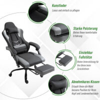 Gaming Sessel ergonomisch mit Kopfstütze & Fussstützen Schwarz – Produktfoto zeigt modernes Design, hochwertige Materialien und funktionale Eigenschaften ideal für Wohn- oder Arbeitsbereiche. Perfekt als Einrichtungsinspiration oder zur Produktpräsentation in einem Onlineshop.