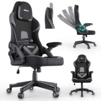 Robuster Gaming Stuhl mit ergonomischem Design, Nacken- und Lordosenstütze, für bis zu 150kg.