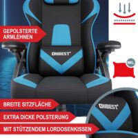 Gaming Stuhl, ergonomisch, 150kg belastbar, inklusive Nackenkissen und Lordosenkissen.