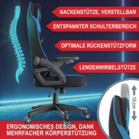 Gaming Stuhl, ergonomisch, 150kg belastbar, inklusive Nackenkissen und Lordosenkissen.