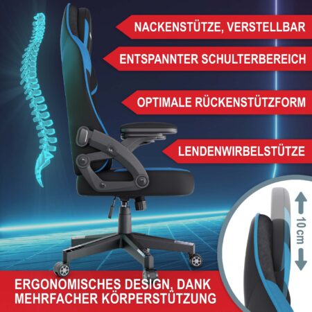 Gaming Stuhl, ergonomisch, 150kg belastbar, inklusive Nackenkissen und Lordosenkissen.