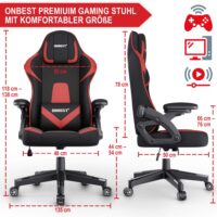 Ergonomischer Gaming Stuhl mit Nacken- und Lordosenkissen, belastbar bis 150kg.