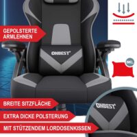Robuster Gaming Stuhl mit ergonomischem Design, Nacken- und Lordosenstütze, für bis zu 150kg.