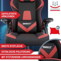 Ergonomischer Gaming Stuhl mit Nacken- und Lordosenkissen, belastbar bis 150kg.
