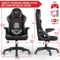Robuster Gaming Stuhl mit ergonomischem Design, Nacken- und Lordosenstütze, für bis zu 150kg.