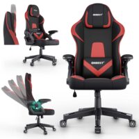 Ergonomischer Gaming Stuhl mit Nacken- und Lordosenkissen, belastbar bis 150kg.