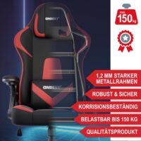 Ergonomischer Gaming Stuhl mit Nacken- und Lordosenkissen, belastbar bis 150kg.