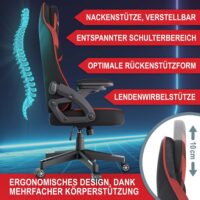 Ergonomischer Gaming Stuhl mit Nacken- und Lordosenkissen, belastbar bis 150kg.