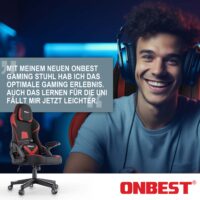 Ergonomischer Gaming Stuhl mit Nacken- und Lordosenkissen, belastbar bis 150kg.