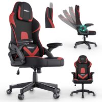 Ergonomischer Gaming Stuhl mit Nacken- und Lordosenkissen, belastbar bis 150kg.