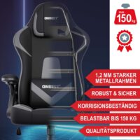 Robuster Gaming Stuhl mit ergonomischem Design, Nacken- und Lordosenstütze, für bis zu 150kg.