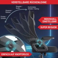 Robuster Gaming Stuhl mit ergonomischem Design, Nacken- und Lordosenstütze, für bis zu 150kg.
