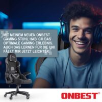 Robuster Gaming Stuhl mit ergonomischem Design, Nacken- und Lordosenstütze, für bis zu 150kg.