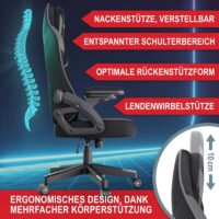 Robuster Gaming Stuhl mit ergonomischem Design, Nacken- und Lordosenstütze, für bis zu 150kg.