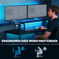 Gaming Tisch L-förmig mit LED Steckdosen und Monitorständer