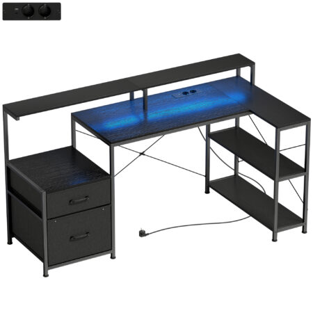 Gaming Tisch L-förmig mit LED Steckdosen und Monitorständer