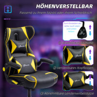 Gamingstuhl ergonomisch mit Lautsprecher & Wippfunktion Schwarz & Gelb – Produktfoto zeigt modernes Design, hochwertige Materialien und funktionale Eigenschaften ideal für Wohn- oder Arbeitsbereiche. Perfekt als Einrichtungsinspiration oder zur Produktpräsentation in einem Onlineshop.