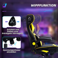 Gamingstuhl ergonomisch mit Lautsprecher & Wippfunktion Schwarz & Gelb – Produktfoto zeigt modernes Design, hochwertige Materialien und funktionale Eigenschaften ideal für Wohn- oder Arbeitsbereiche. Perfekt als Einrichtungsinspiration oder zur Produktpräsentation in einem Onlineshop.