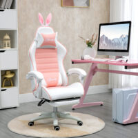 Gaming Stuhl ergonomisch mit Hasenohren Fussstütze und Kopfkissen rosa