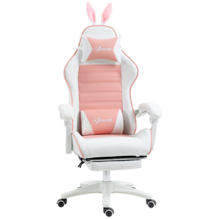 Gaming Stuhl ergonomisch mit Hasenohren Fussstütze und Kopfkissen rosa