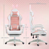 Gaming Stuhl ergonomisch mit Hasenohren Fussstütze und Kopfkissen rosa