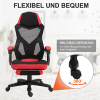 Gamingstuhl mit Fussstütze höhenverstellbar Schwarz-Rot – Produktfoto zeigt modernes Design, hochwertige Materialien und funktionale Eigenschaften ideal für Wohn- oder Arbeitsbereiche. Perfekt als Einrichtungsinspiration oder zur Produktpräsentation in einem Onlineshop.
