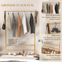 Ein Garderobenständer aus Naturholz mit Ablagen und Haken, Maße 116x435x160cm.