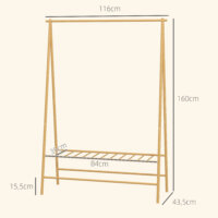 Ein Garderobenständer aus Naturholz mit Ablagen und Haken, Maße 116x435x160cm.