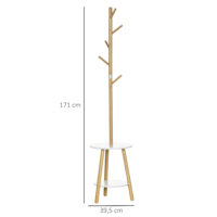 Ein Garderobenständer in Natur-Weiss mit integriertem Beistelltisch und Kleiderhaken.