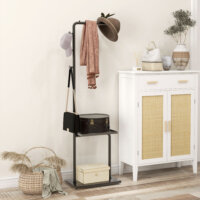 Ein schwarzer Garderobenständer mit Haken und einem Tablett, Maße 45x28x148cm.