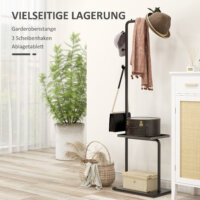 Ein schwarzer Garderobenständer mit Haken und einem Tablett, Maße 45x28x148cm.