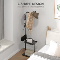 Ein schwarzer Garderobenständer mit Haken und einem Tablett, Maße 45x28x148cm.