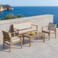 Garten-Garnitur Lounge-Set Akazie Bank Sessel Tisch Kissen beige