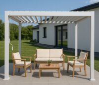 Garten-Garnitur Lounge-Set Akazie Bank Sessel Tisch Kissen beige