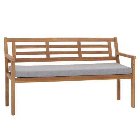 Gartenbank aus massiver Akazie mit grauem Kissen