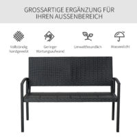 Schwarze 2-Sitzer Gartenbank aus Polyrattan, Maße 122x60x87cm.