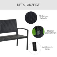 Schwarze 2-Sitzer Gartenbank aus Polyrattan, Maße 122x60x87cm.