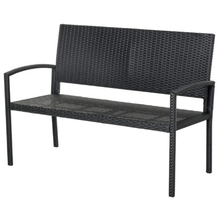 Schwarze 2-Sitzer Gartenbank aus Polyrattan, Maße 122x60x87cm.