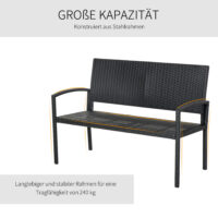 Schwarze 2-Sitzer Gartenbank aus Polyrattan, Maße 122x60x87cm.