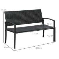 Schwarze 2-Sitzer Gartenbank aus Polyrattan, Maße 122x60x87cm.