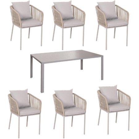 Gartengarnitur 7-teilig aus Aluminium grau mit Seilgeflecht wetterfest