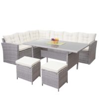 Poly-Rattan Gartengarnitur Lounge Esstisch Set hellgrau mit cremefarbenen Kissen