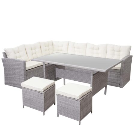 Poly-Rattan Gartengarnitur Lounge Esstisch Set hellgrau mit cremefarbenen Kissen