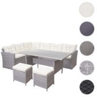 Poly-Rattan Gartengarnitur Lounge Esstisch Set hellgrau mit cremefarbenen Kissen