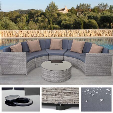 Runde Poly-Rattan Gartengarnitur grau mit dunkelgrauen Polstern